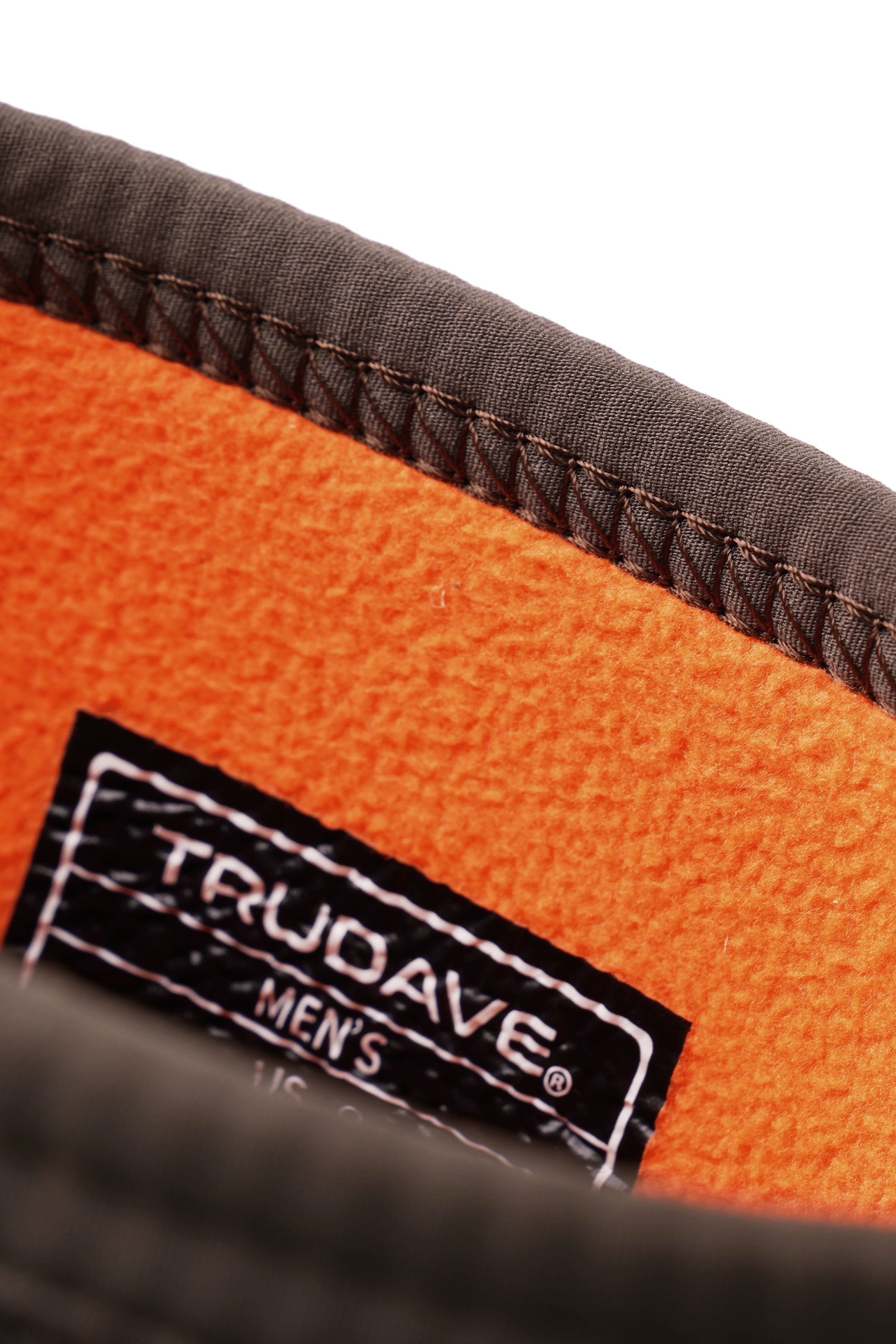 alt="Close-up of the boot collar stitching on Trudave WildGuard Series men’s tall waterproof camo hunting boots in Reed Grass color showing reinforced seam construction, precision double stitching, and waterproof camo fabric built for strength and durability in outdoor hunting use"